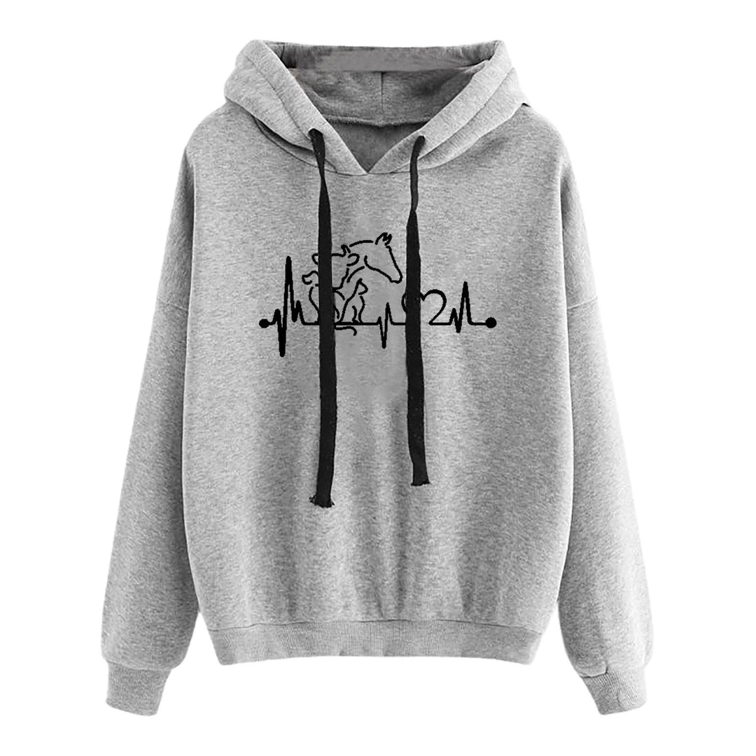 Damen leichter Oversize Kapuzenpullover mit Herz‑EKG‑Motiv, langen Kordeln und elastischem Bund – Auréline
