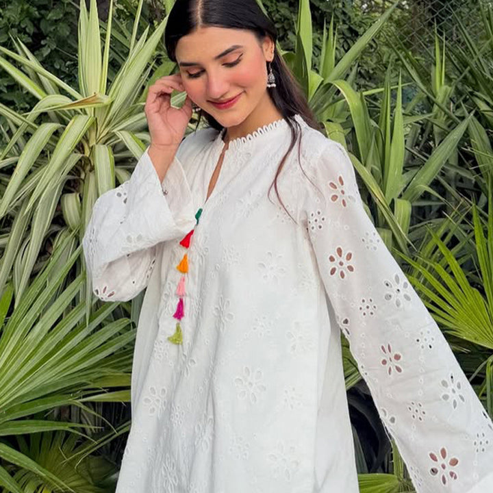 Damen Lockertes Tunika-Set mit Broderie Anglaise und weiten Pluderhosen Echoarchiv