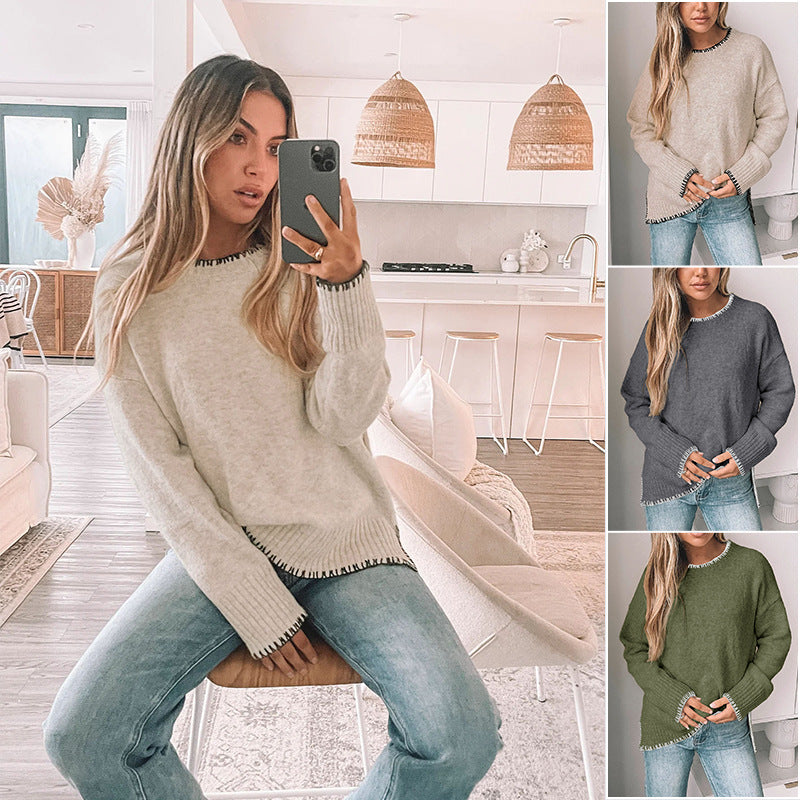 Damen Oversize Strickpullover mit Zierstichnaht, Rippbündchen und Rundhalsausschnitt Echoarchiv