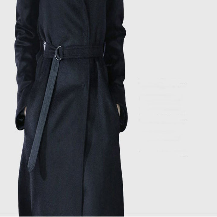 Damen Maxilanger taillierter Wickel-Longcoat mit Schalkragen und feinem Bindegürtel Echoarchiv