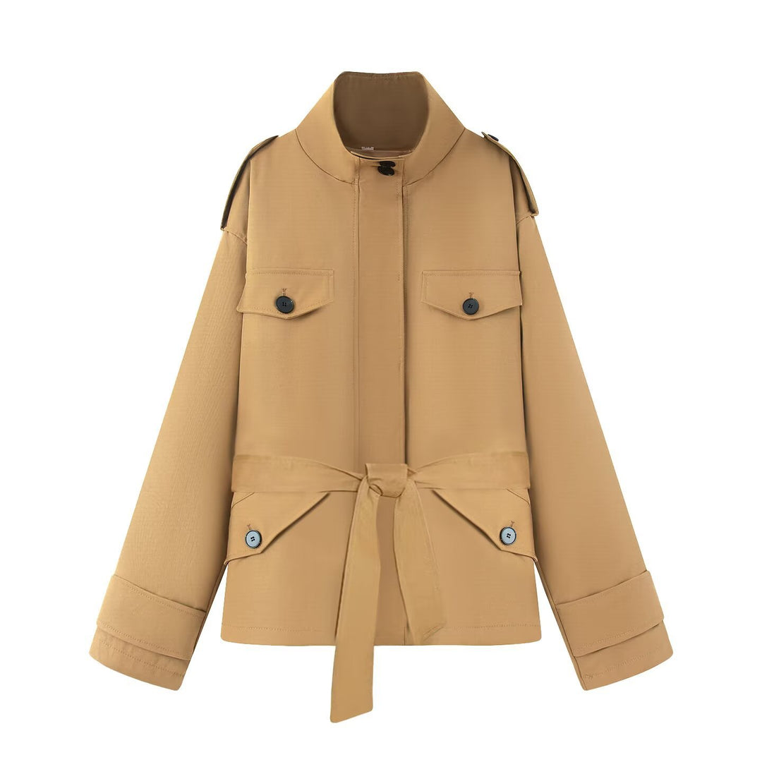Damen Kurze Utility-Jacke mit Taillengürtel und Schulterklappen Echoarchiv
