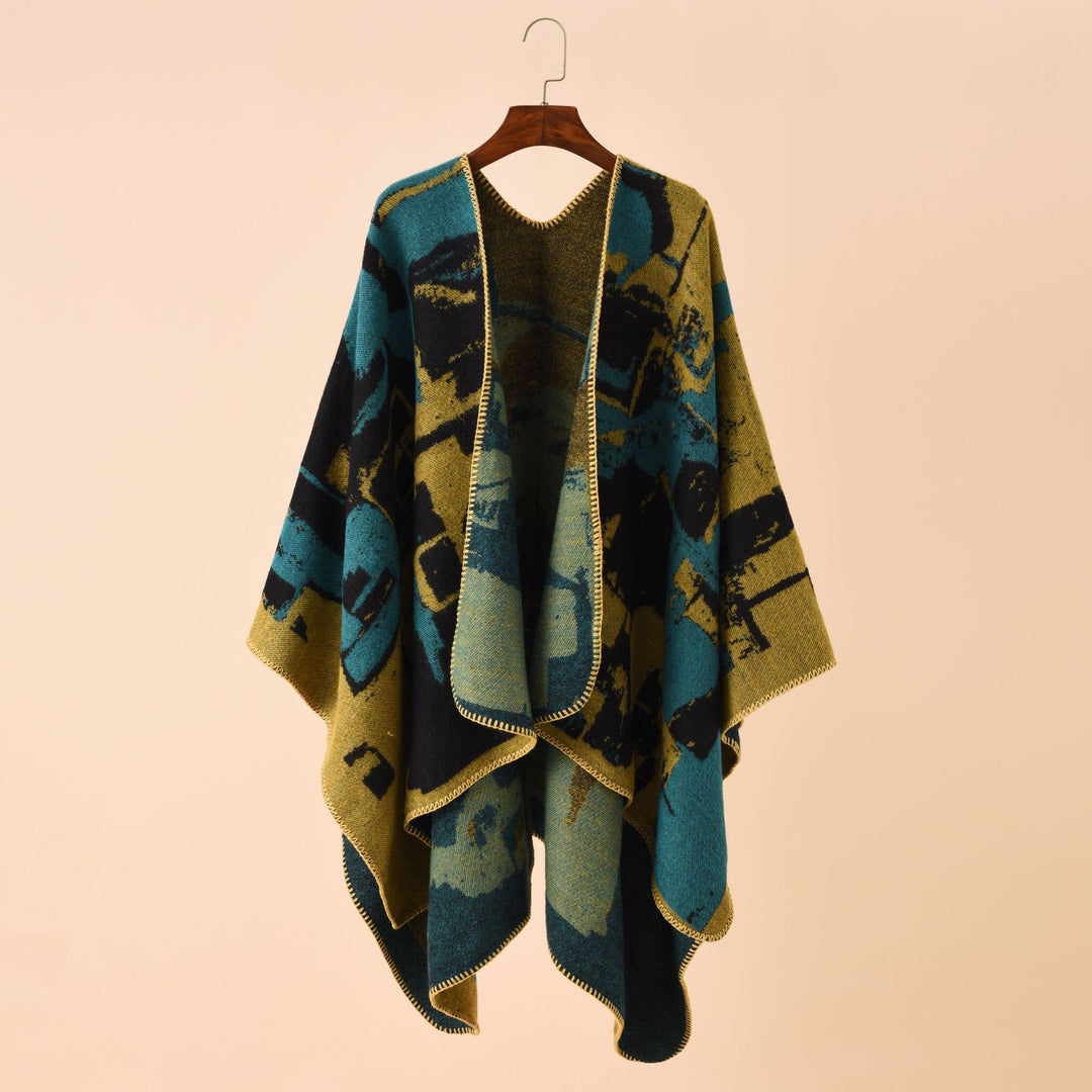 Damen Oversize-Umhangruana aus Wollmix mit abstraktem Jacquard und Zierstichkante – Célinea
