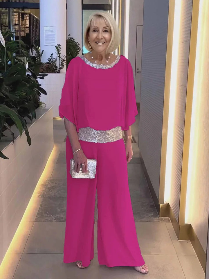Damen Elegantes Zweiteiliges Abendensemble mit Chiffon-Cape, Paillettenbesatz und Palazzo-Hose Echoarchiv