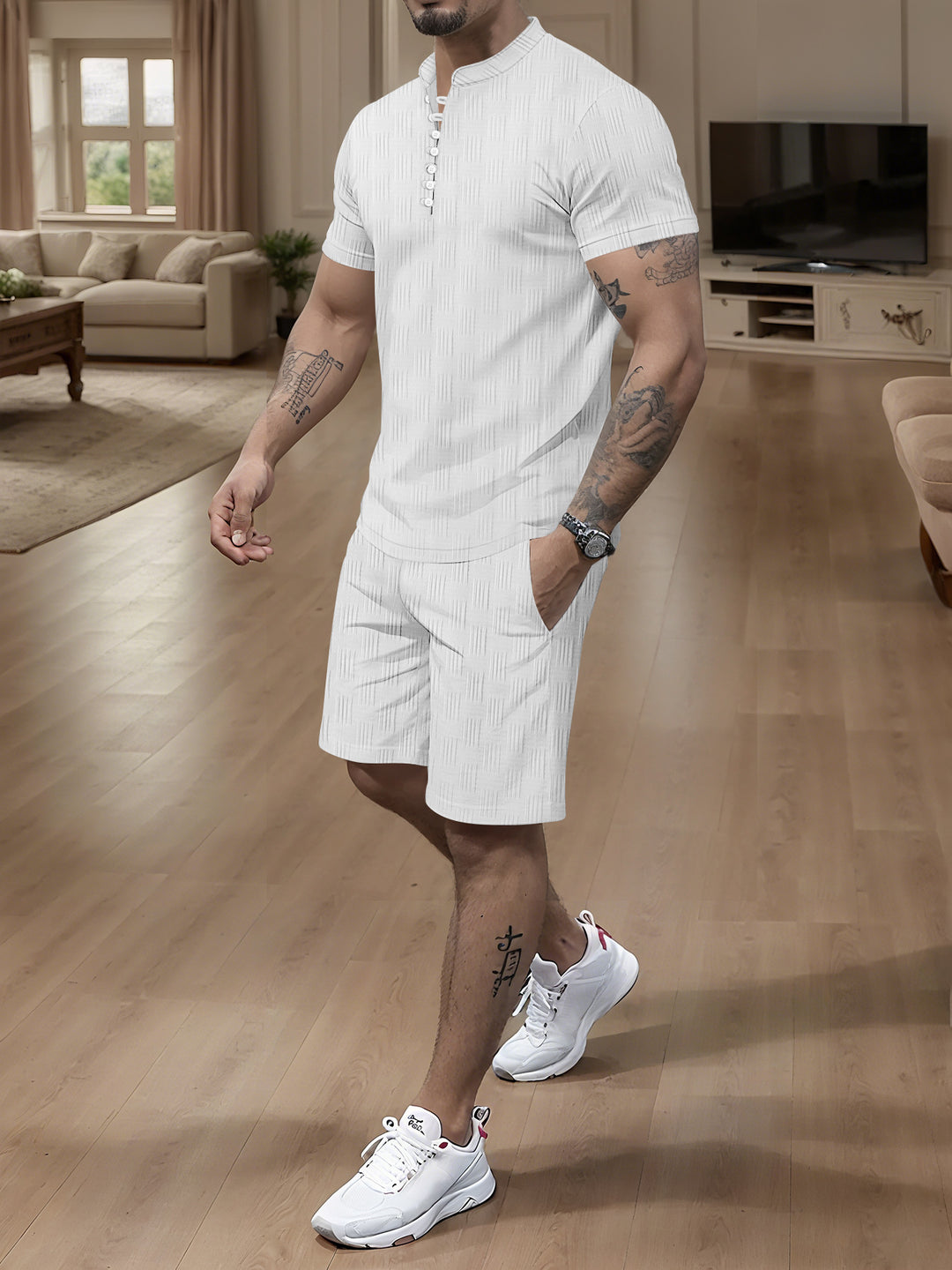 Herren modernes Kurzarm Jumpsuit mit aufgeknöpftem Stehkragen und strukturiertem Design Echoarchiv