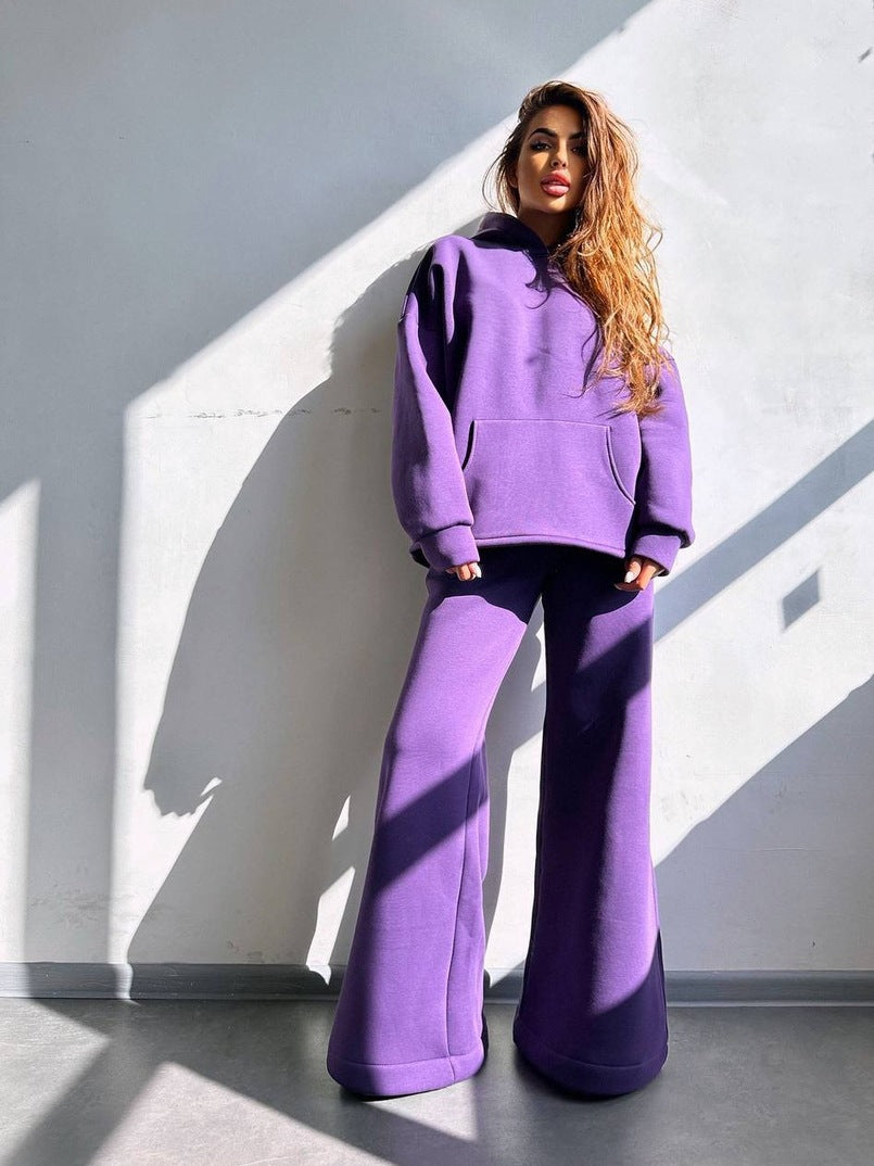 Damen Scuba-Fleece Lounge-Set mit Oversize-Kapuzenpullover und weiter Flare-Hose – Auréline