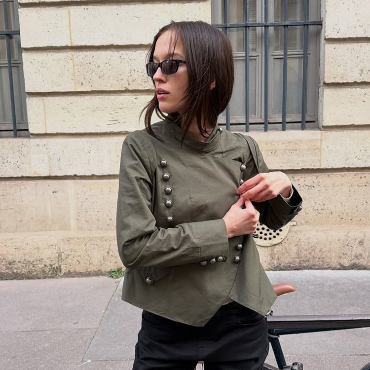 Damen Militärinspirierte Kurzjacke mit Stehkragen und Zierknopfleiste Echoarchiv