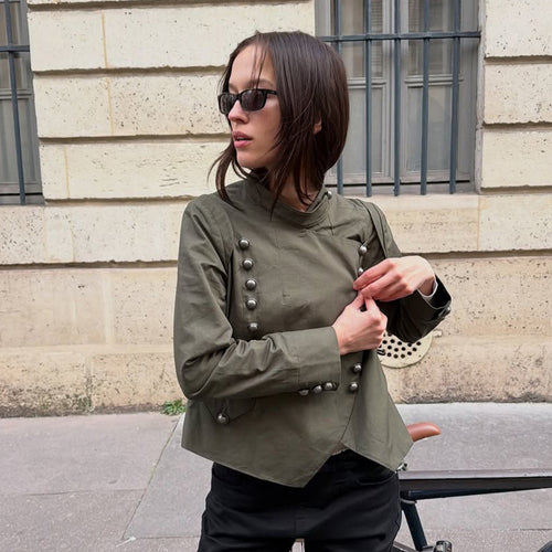Damen Militärinspirierte Kurzjacke mit Stehkragen und Zierknopfleiste Echoarchiv