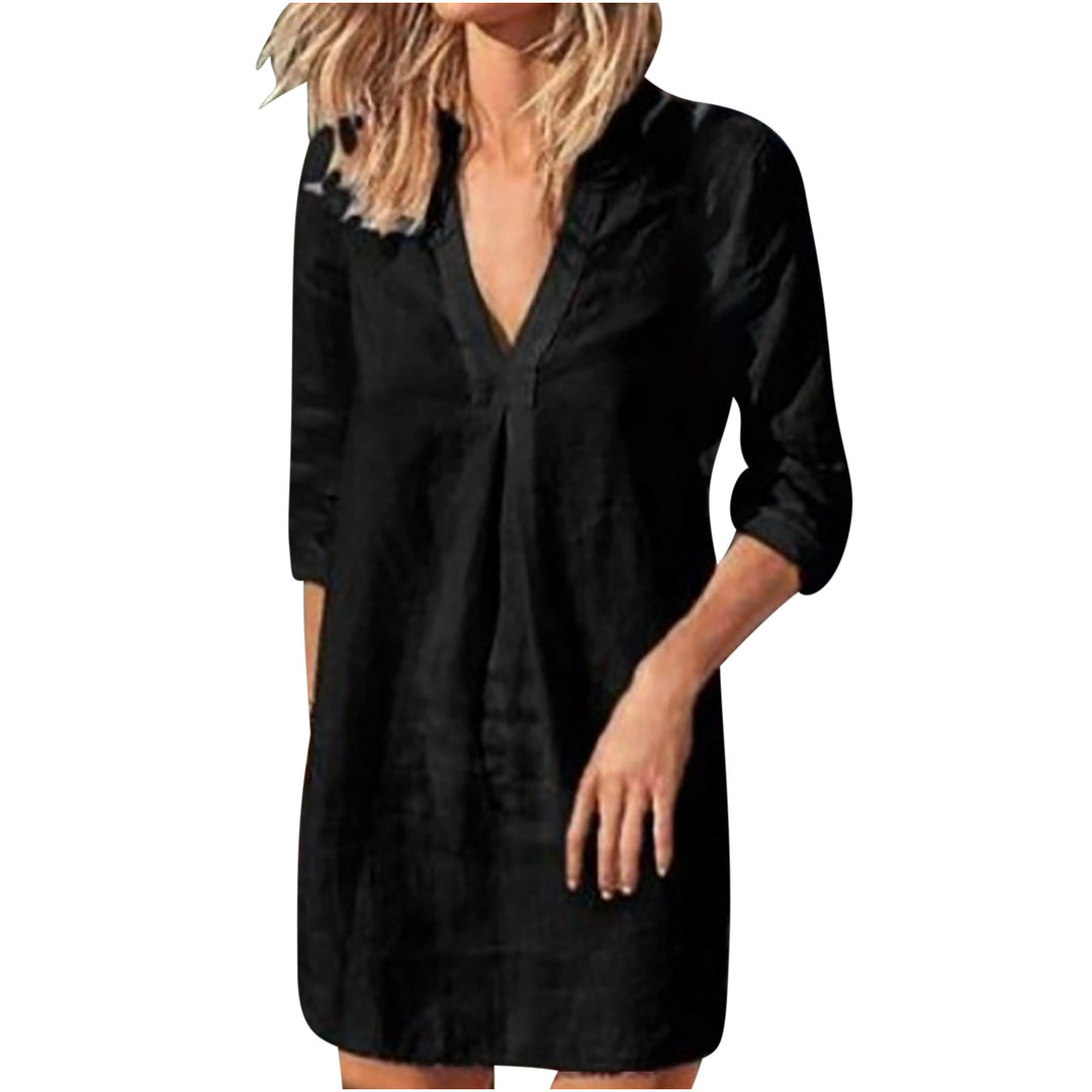 Damen nan Leinen Tunika Kleid mit V-Ausschnitt knielang lockere A-Linie Echo Archiv