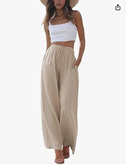 Damen nan weite Leinenhose mit elastischem Bund Kordel und Seitentaschen Echo Archiv