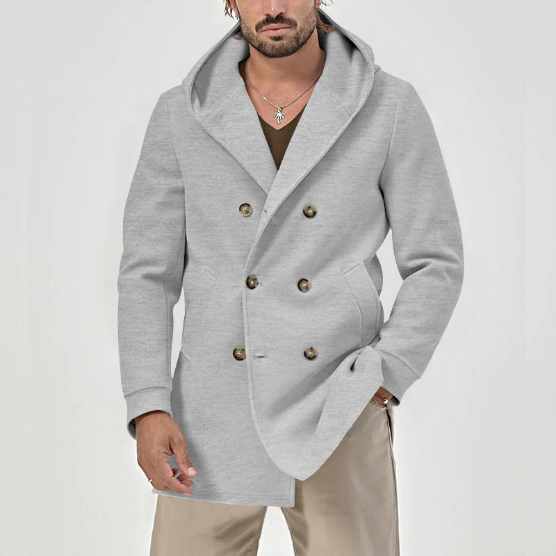 Herren eleganter Doppeltknopf-Mantel mit Kapuze und praktischen Taschen Echoarchiv