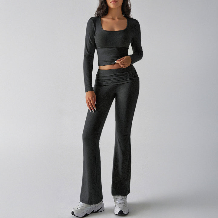 Damen figurbetontes Cropped-Set mit langärmeligem Top mit quadratischem Ausschnitt und ausgestellter High‑Waist Yoga-Hose – Avérine
