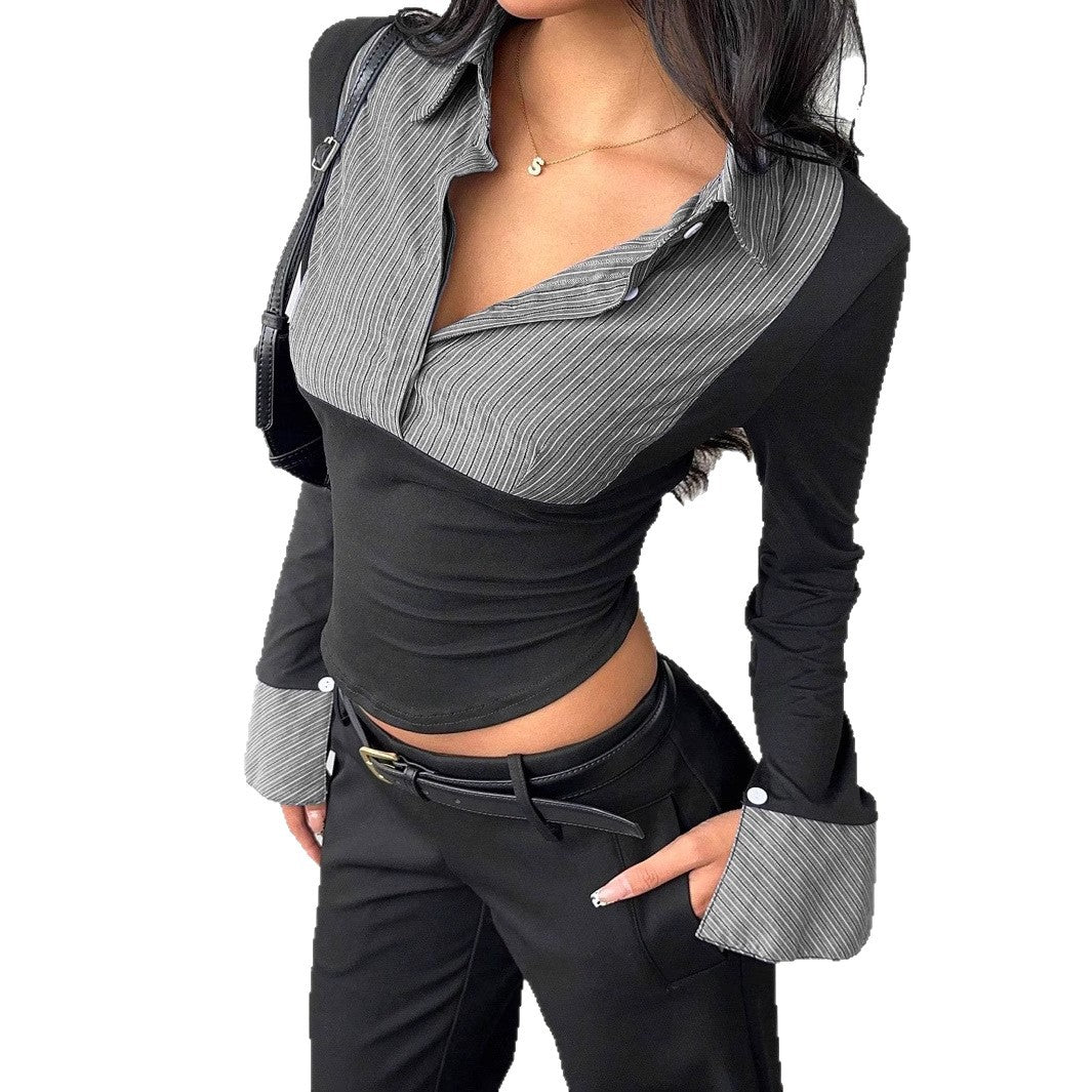 Damen Figurbetontes Langarmshirt mit Blusenkragen und gestreiften Manschetten – Avérine