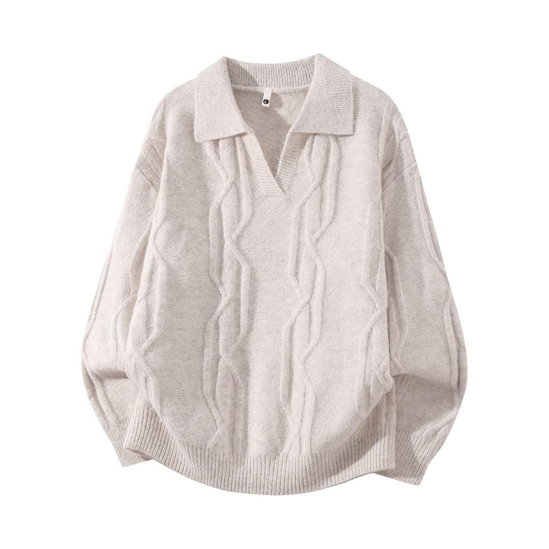 Damen Oversize Mohair‑Optik Zopfstrickpullover mit Polokragen und V‑Ausschnitt Echoarchiv