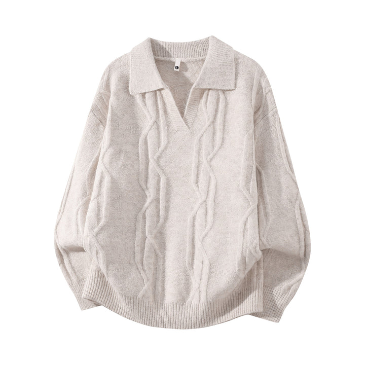 Damen Oversize Mohair‑Optik Zopfstrickpullover mit Polokragen und V‑Ausschnitt Echoarchiv
