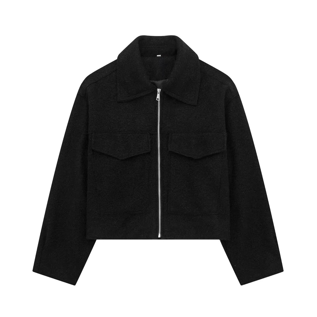 Damen Kurzgeschnittene Sherpa-Jacke mit Reißverschluss und aufgesetzten Pattentaschen Echoarchiv