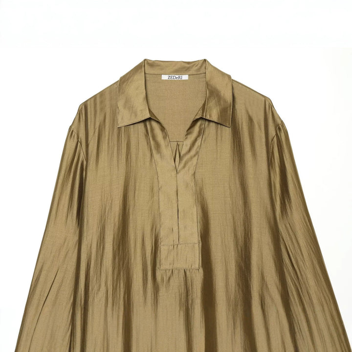 Damen Oversize Tunika Bluse aus schimmernder Crêpe‑Optik mit Hemdkragen und V‑Ausschnitt Echo Archiv