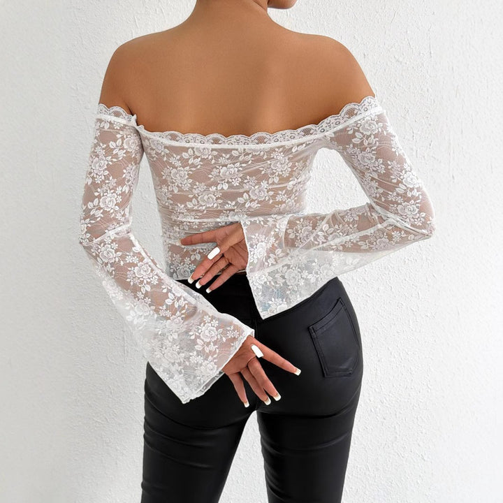 Damen Spitzenoberteil mit schulterfreiem Design und eleganten Trompetenärmeln Echo Archiv