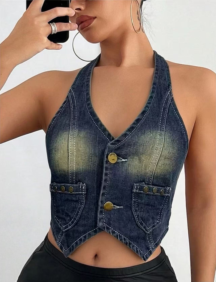 Damen Denim Bustier-Jacke mit Knopfdetails und aufgesetzten Taschen Echo Archiv