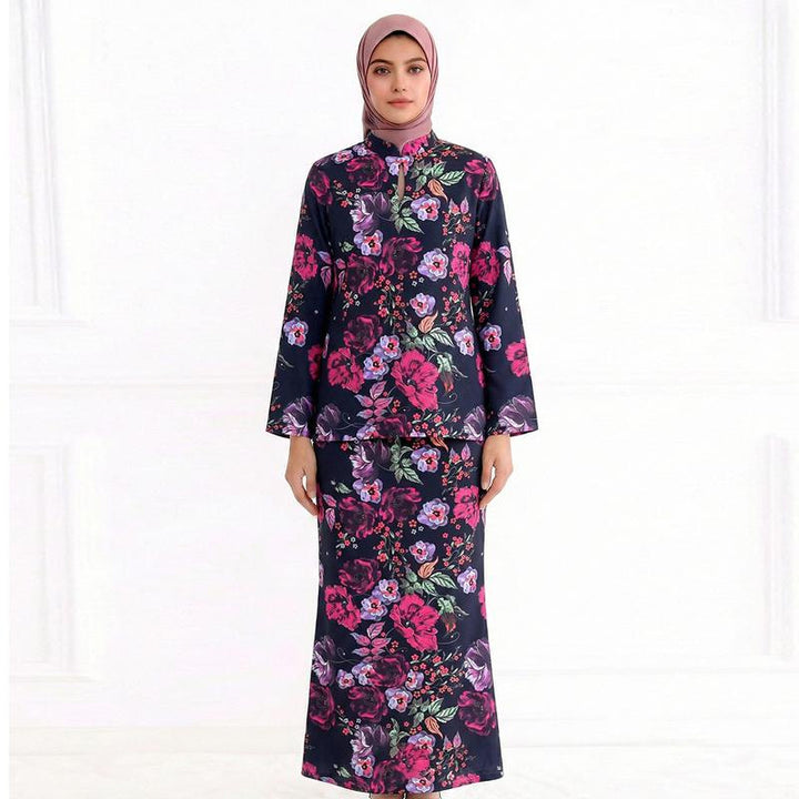 Damen Zweiteiliges Modest-Set aus Tunika mit Stehkragen und geradem Maxirock mit Blumenprint Echo Archiv