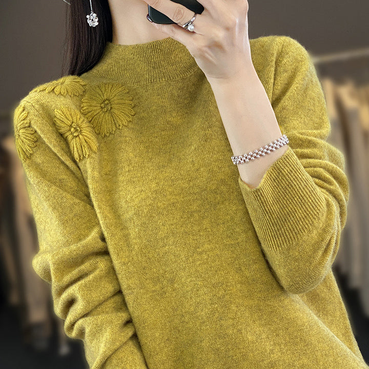 Damen Weicher Feinstrickpullover mit kurzem Stehkragen, 3D‑Blütenapplikation und gerippten Bündchen Echoarchiv