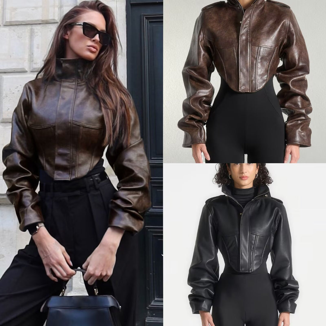 Damen Kurze taillierte Lederoptik‑Jacke mit Stehkragen und femininer Brustabsteppung Echoarchiv
