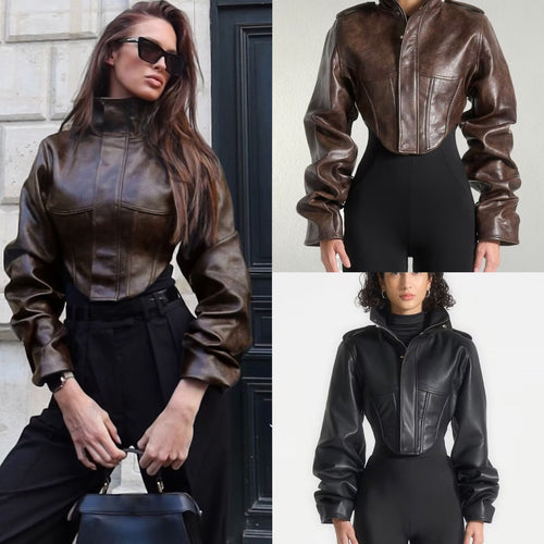 Damen Kurze taillierte Lederoptik‑Jacke mit Stehkragen und femininer Brustabsteppung Echoarchiv