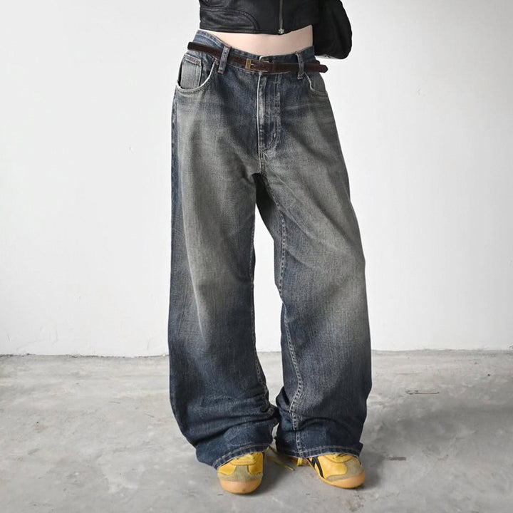 Damen High-Waist Jeans mit weitem Bein und stufenförmiger Waschung Echo Archiv