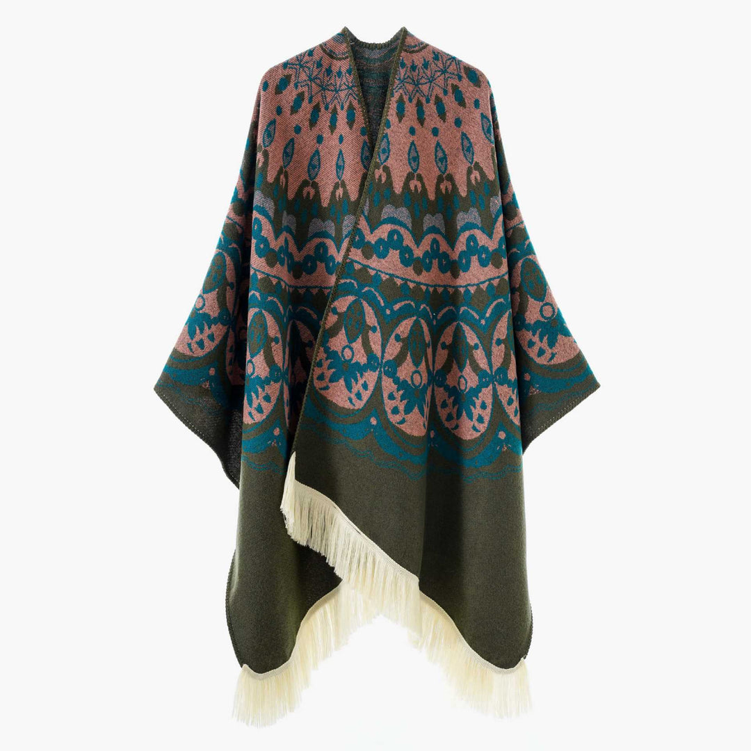 Damen Gewebter Jacquard-Poncho mit V-Ausschnitt, Ethno‑Print und Fransen – Avérine
