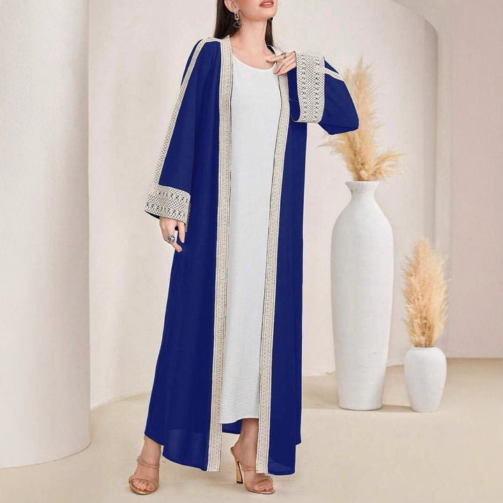Damen Langes Open‑Front Kaftan‑Mantel mit Häkelspitzenbesatz Echoarchiv