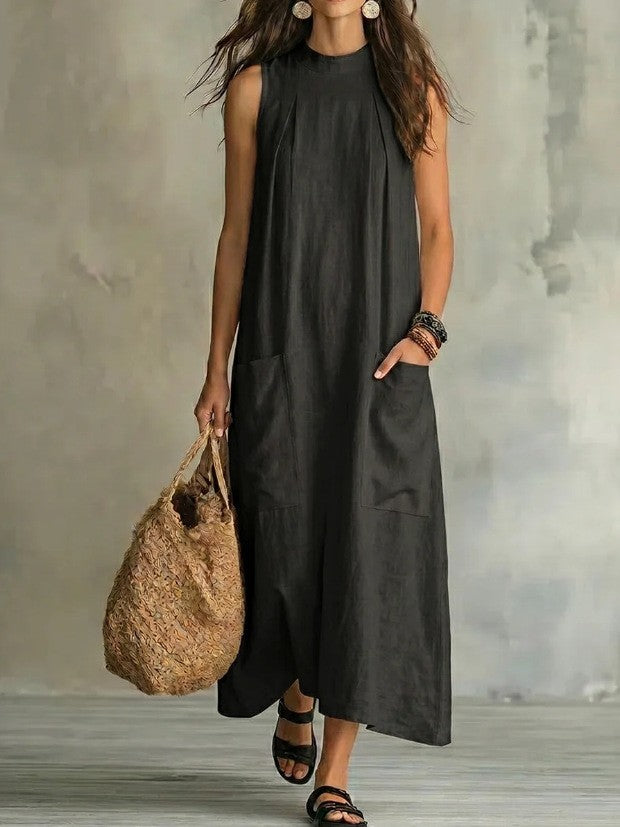 Damen nan ärmelloses Leinen-Maxikleid mit Stehkragen, Brustfalten und aufgesetzten Taschen Echo Archiv