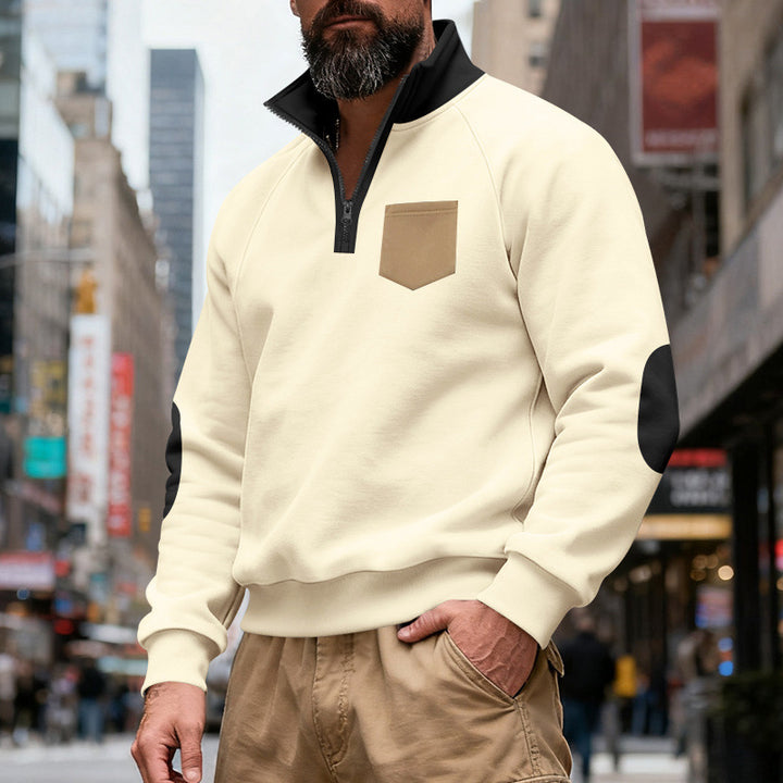 Herren nan Quarterzip-Sweatshirt mit Stehkragen, kontrastiertem Reißverschluss, Ellbogenpatches und Brusttasche Echo Archiv