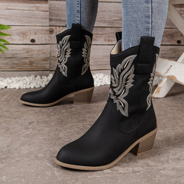 Damen Western-Boots im Vintage-Stil mit Stickerei, Schlupfprofil und leichtem Blockabsatz Echo Archiv