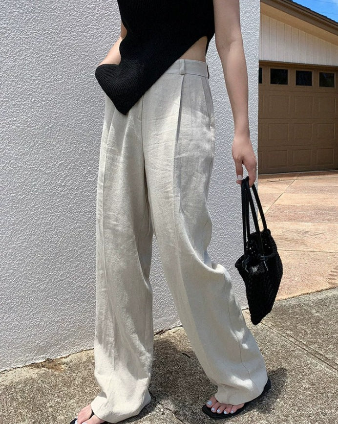 Damen Weite Leinenmix-Hose mit hoher Taille, Bügelfalte und Eingrifftaschen Echoarchiv