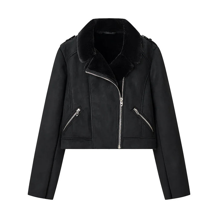 Damen kurze Bikerjacke aus Veloursimitat mit Teddyfutter und asymmetrischer Metall-Reißverschluss – Célinea
