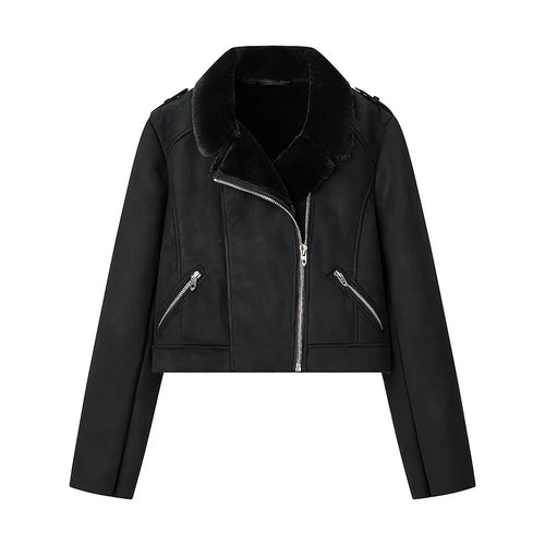 Damen kurze Bikerjacke aus Veloursimitat mit Teddyfutter und asymmetrischer Metall-Reißverschluss – Célinea