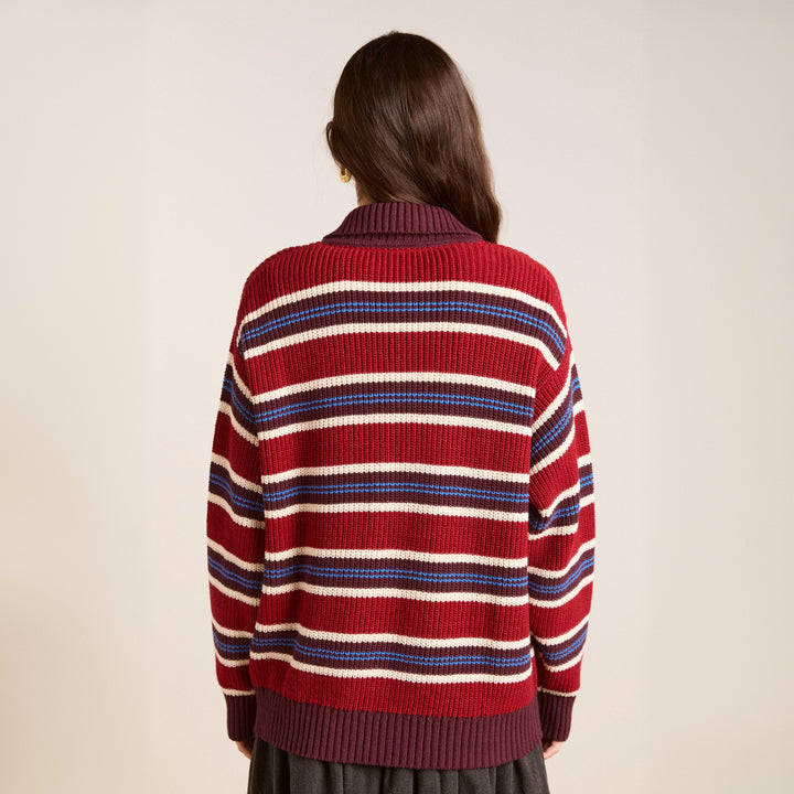 Damen Oversize Strickpullover mit Polokragen & mehrlagigem Streifenrelief Echoarchiv