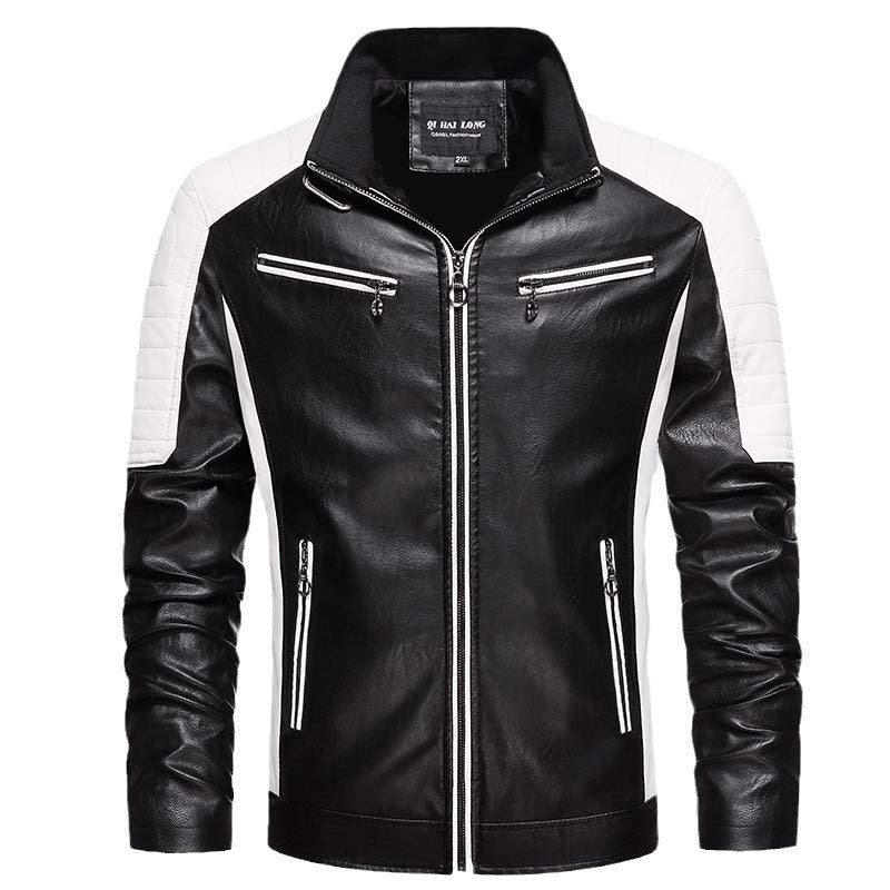 Herren Biker-Lederimitatjacke im Racing-Stil mit Stehkragen und Reißverschlusstaschen Echoarchiv