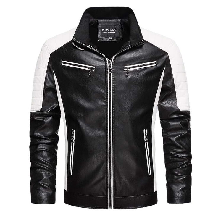 Herren Biker-Lederimitatjacke im Racing-Stil mit Stehkragen und Reißverschlusstaschen Echoarchiv