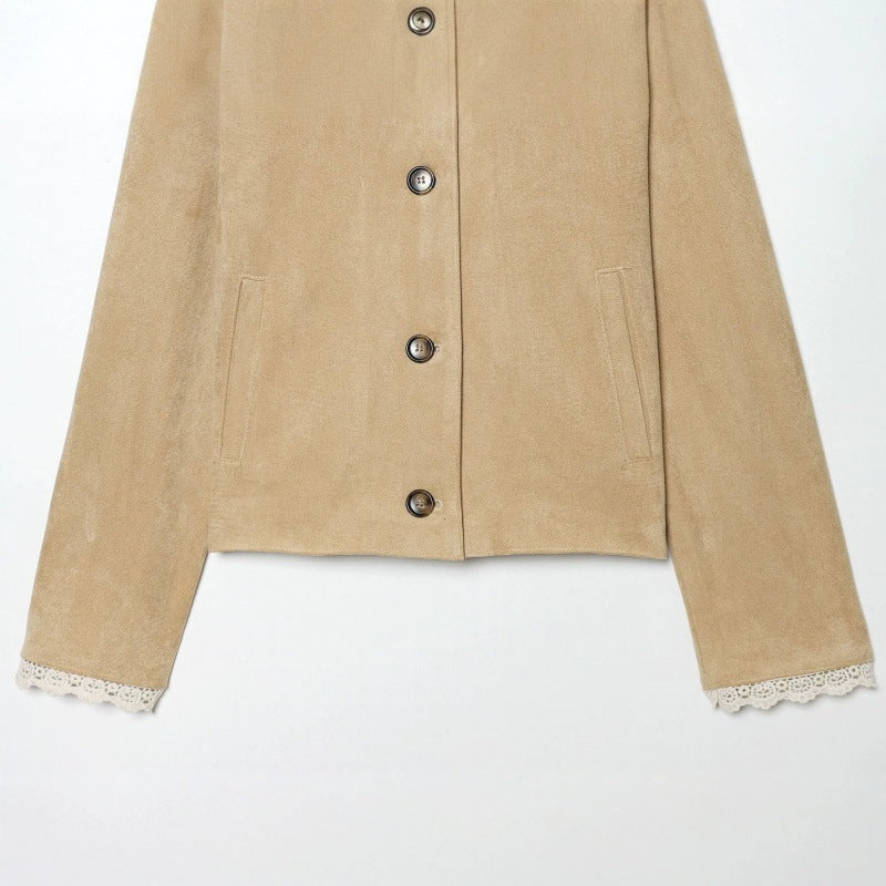 Damen Cropped-Veloursjacke mit Spitzkragen und Spitzenmanschetten Echo Archiv