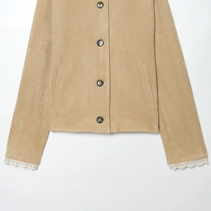 Damen Cropped-Veloursjacke mit Spitzkragen und Spitzenmanschetten Echo Archiv