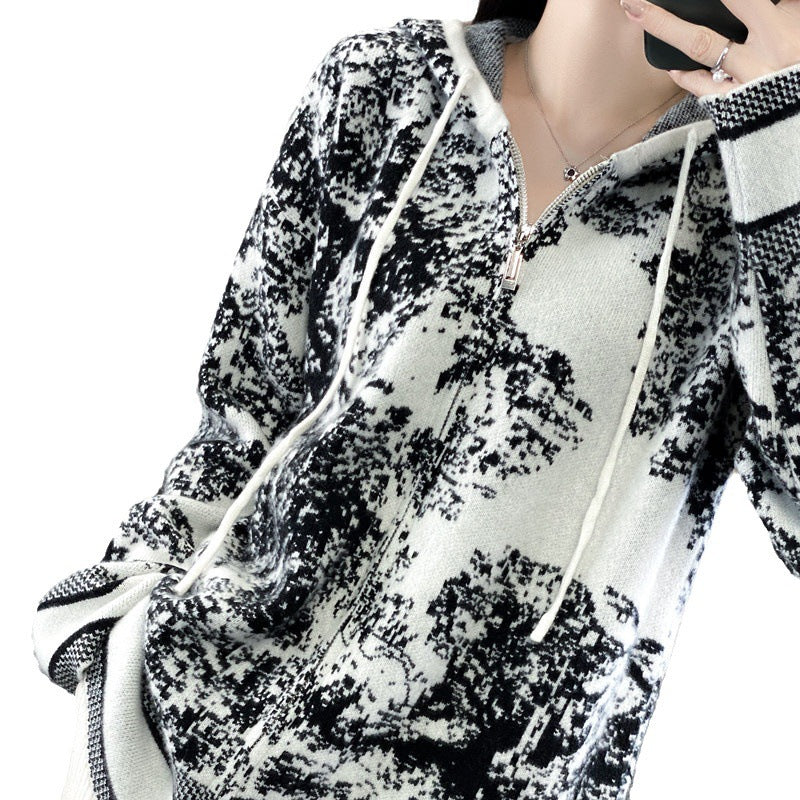 Damen Oversize Jacquard-Strickjacke mit Kapuze und Reißverschluss Echoarchiv