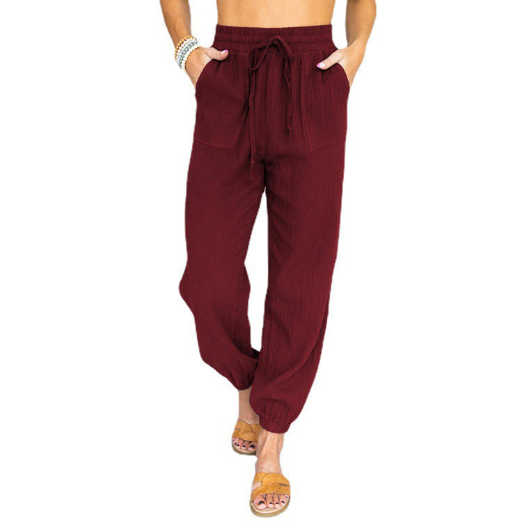 Damen nan leichte Leinenoptik Freizeit-Hose mit hohem elastischem Bund, Kordelzug, aufgesetzten Taschen und elastischen Knöchelbündchen Echo Archiv