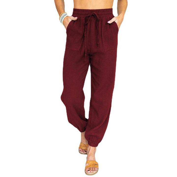 Damen nan leichte Leinenoptik Freizeit-Hose mit hohem elastischem Bund, Kordelzug, aufgesetzten Taschen und elastischen Knöchelbündchen Echo Archiv