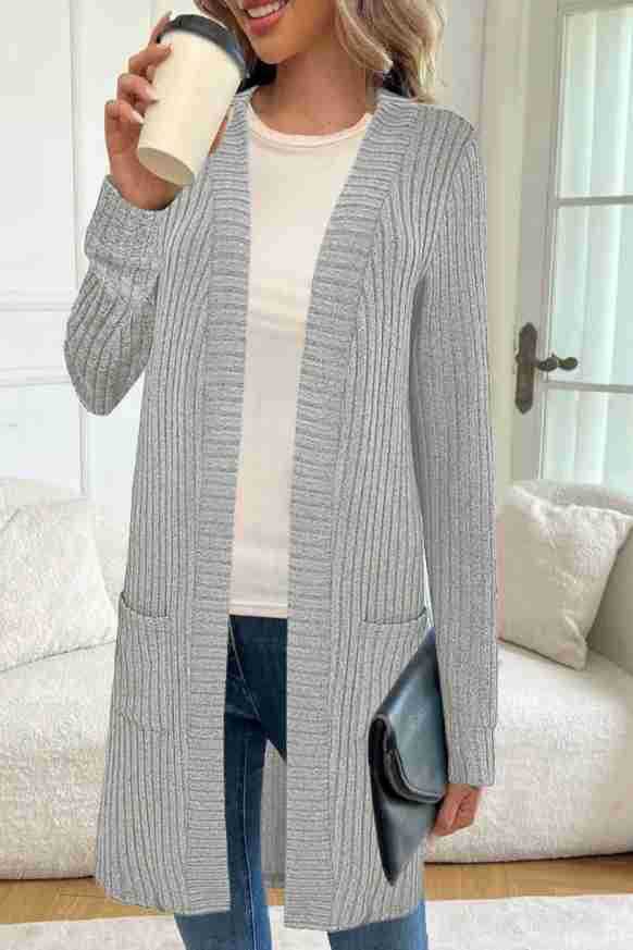 Damen Longline Rippstrick Cardigan mit Taschen Echoarchiv