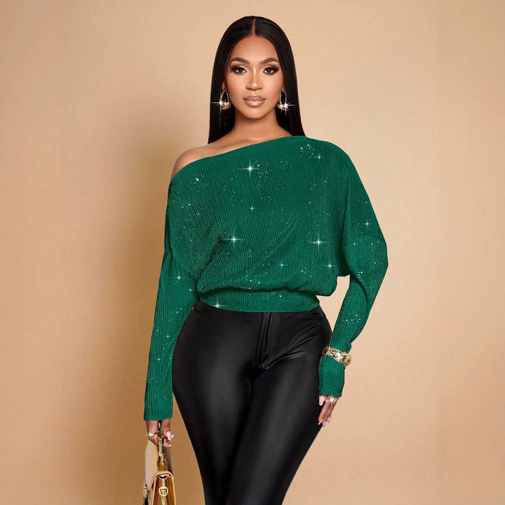 Damen Off-Shoulder Rippstrick-Pullover mit Glitzereffekt und Batwing-Ärmeln Echo Archiv