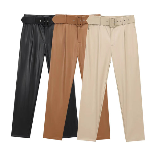 Damen taillierte Highwaist-Hose mit Bundfalten, schmal zulaufendem Bein und breitem Ziergürtel – Avélisse
