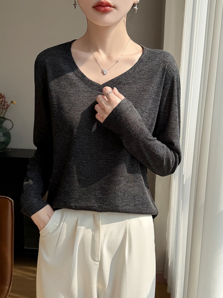 Damen Leichtes V-Ausschnitt-Feinstrick-Longsleeve Echoarchiv