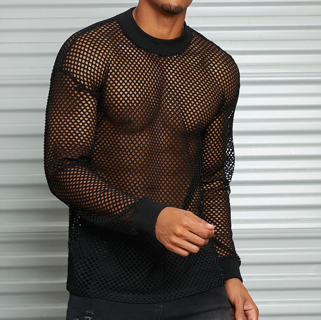 Herren nan transparentes Netz-Langarmshirt mit Rundhals und gerippten Bündchen Echo Archiv