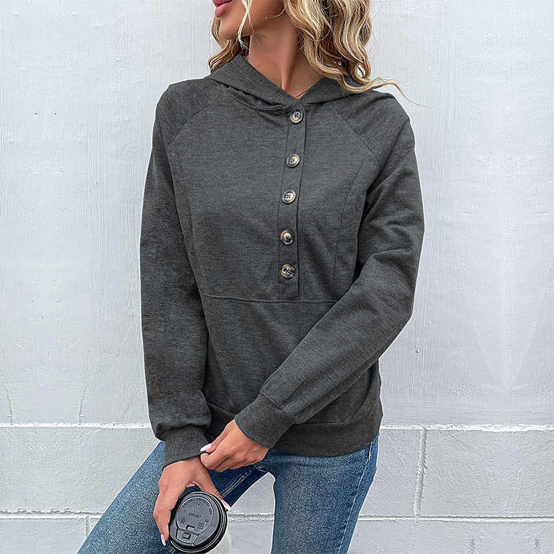 Damen Kapuzenpullover mit Zierknopfleiste, Raglanärmeln und Kängurutasche Echoarchiv