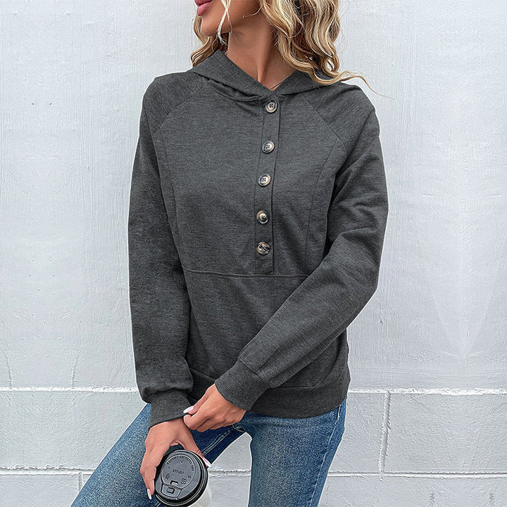 Damen Kapuzenpullover mit Zierknopfleiste, Raglanärmeln und Kängurutasche Echoarchiv